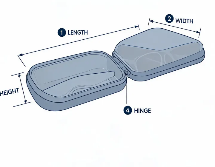 Glasses case specification worksheet illustration, not a premises map
